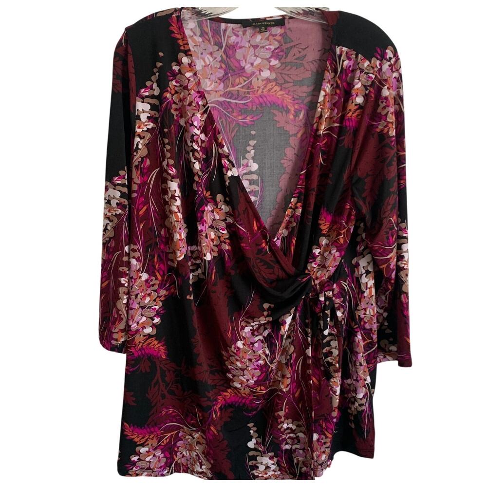 Ellen Weaver Womans 2X Pink Red Asian Floral 3/4 Sleeve Floral Tunic Top V Neck